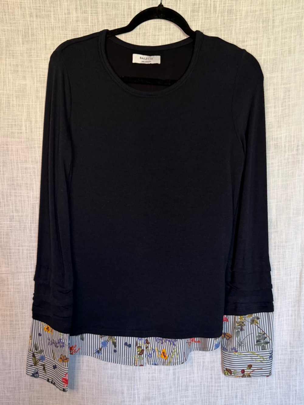 Bailey 44 Navy Blue Long Sleeve Top with Floral-Striped Hem
